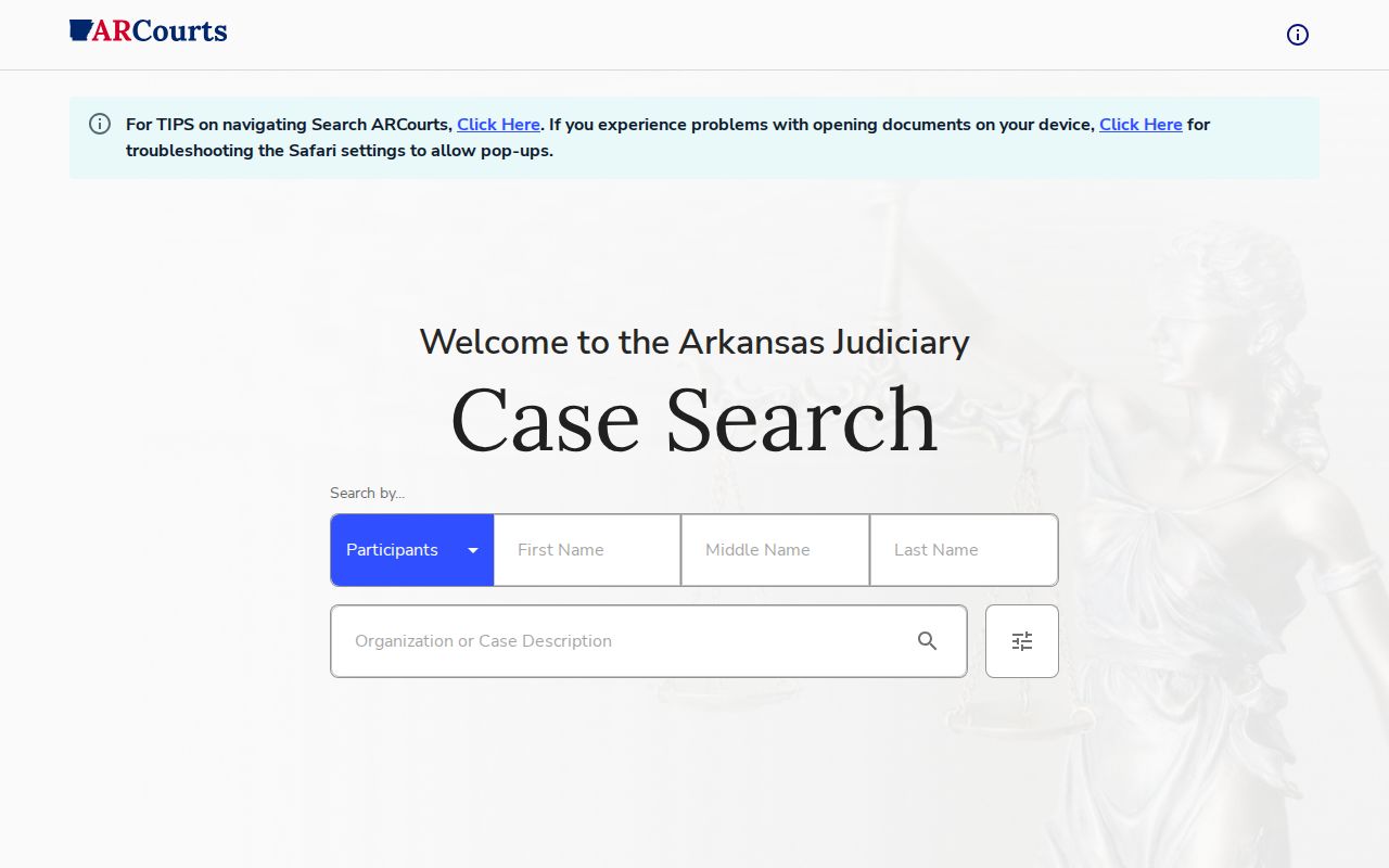 Search ARCourts interface for Diaz and Jackson County arrest case outcomes