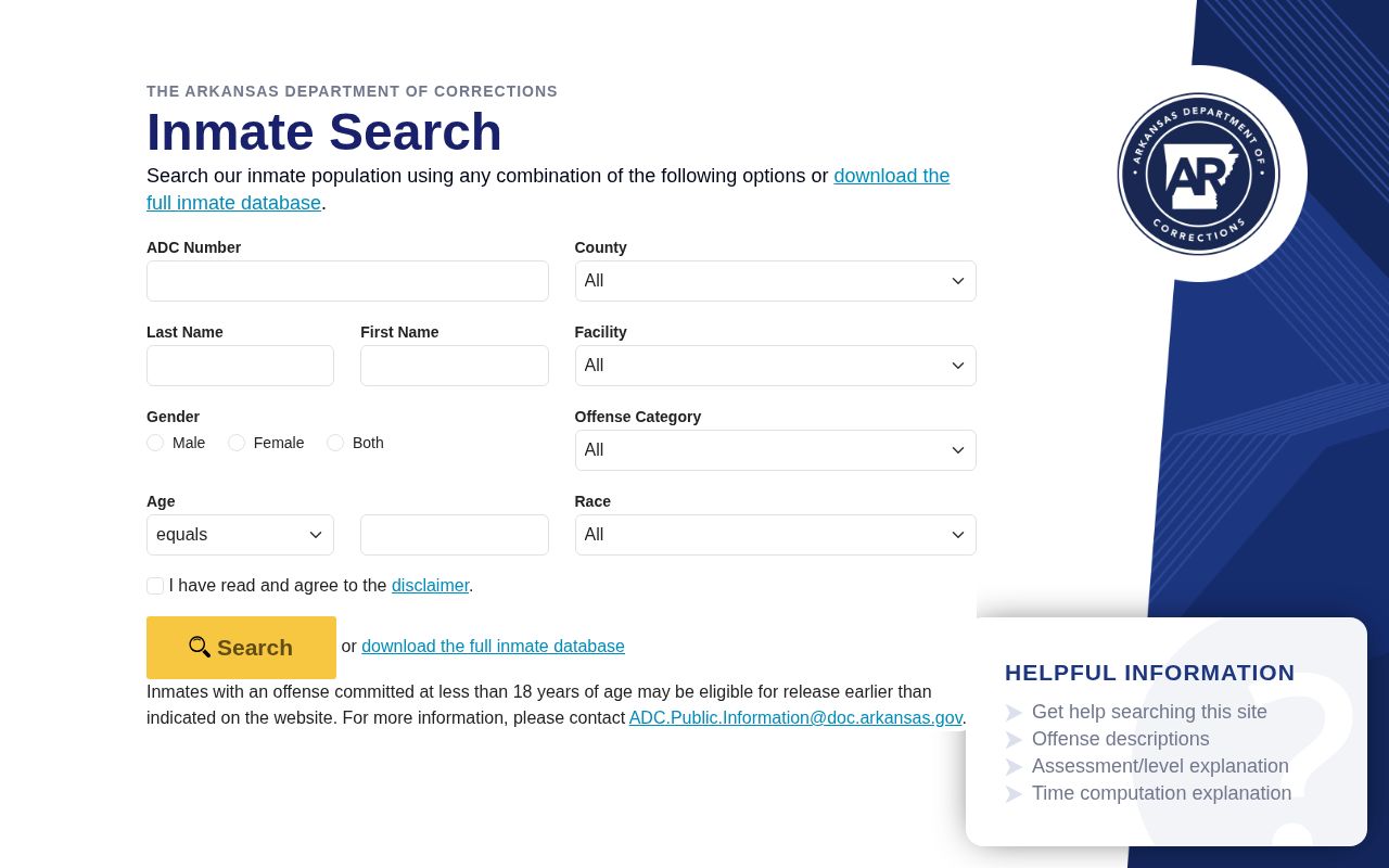 Jackson County Arkansas ADC offender record search form